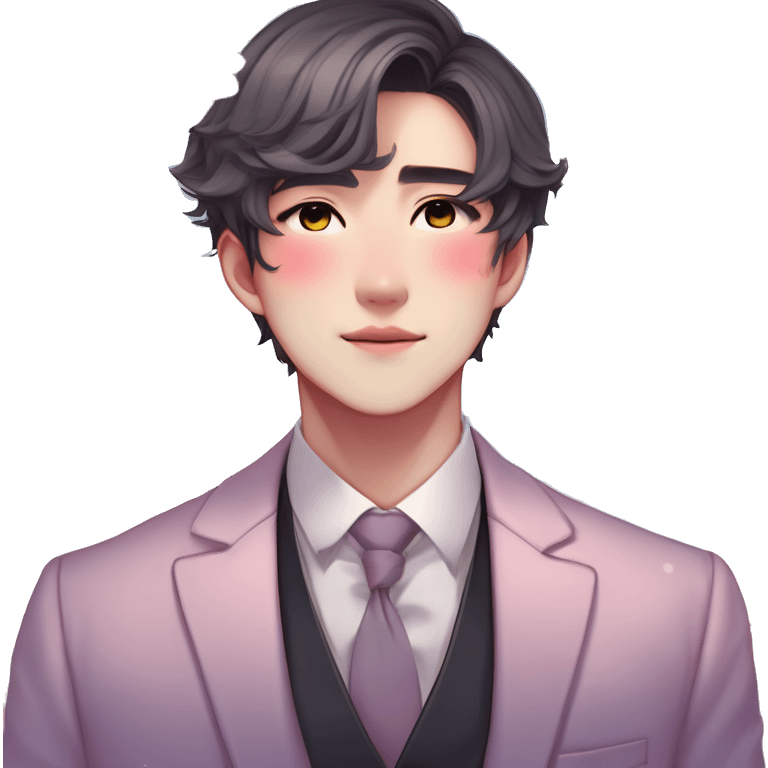 Gorgeous romantic anime style Asian formal modern gentlemanly guy with flowers and blushing face aesthetic trending style outside with colorful gradient colors  pastelcore cottagecore kawaiicore emoji