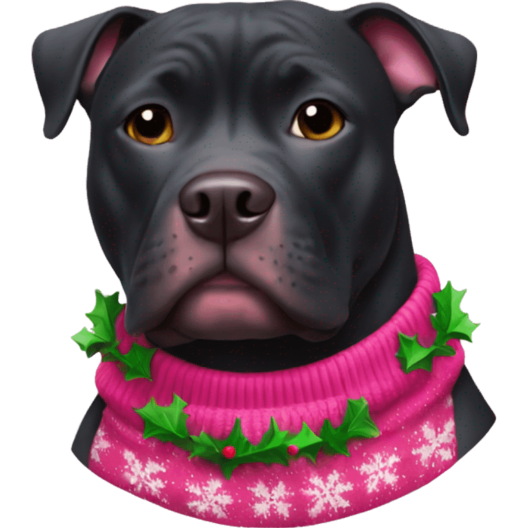 Black pitbull with pink Christmas sweater emoji