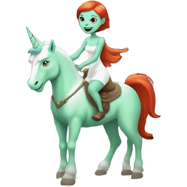 [politically incorrect
	{ woman: alien, color: light green, hair:red, eyes:cat} ]
	on a 
	[{ unicorn: white, legged:four, mane: light blue }] emoji