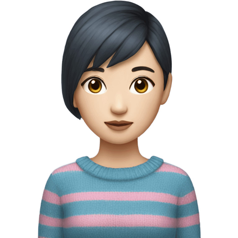 A Short hair asian girl with blue pink stripe knit emoji