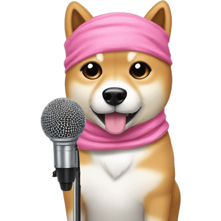 I want a potcat microphone but it has the ears of a shiba dog with a pink bandana in the area of ​​the microphone stand emoji