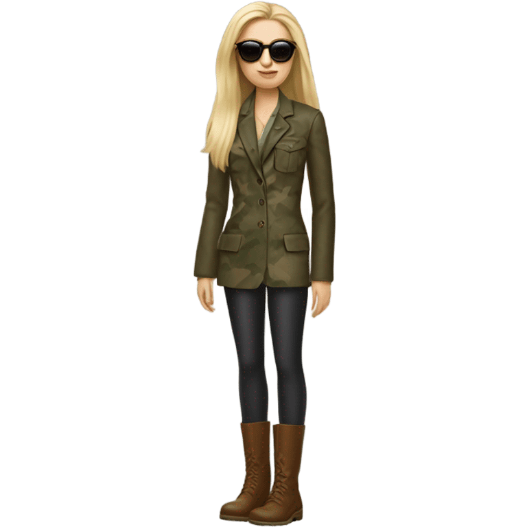 Realistic White woman with Long straight blonde hair and round sunglasses, camouflage Wool oversize blazer, bare legs and Brown leather boots  emoji