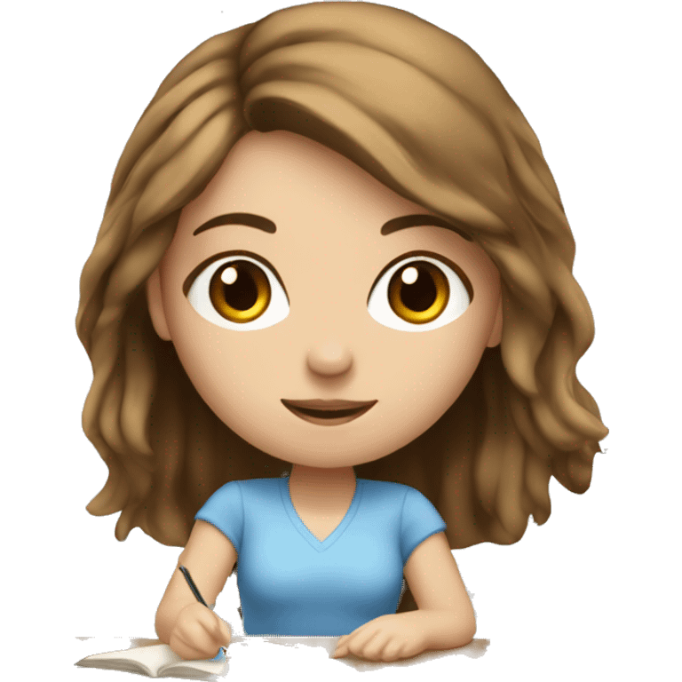 white girl studying at a desk, brown hair, blue eyes, computer emoji