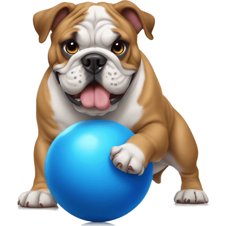 English bulldog playing with big blue ball emoji