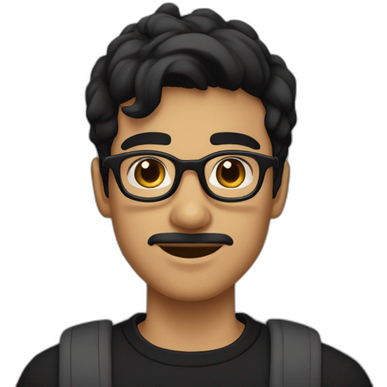 a light skin Pakistani teenager, wearing round glasses, short moustache, black hair, black jumper/sweater, structured manly face emoji