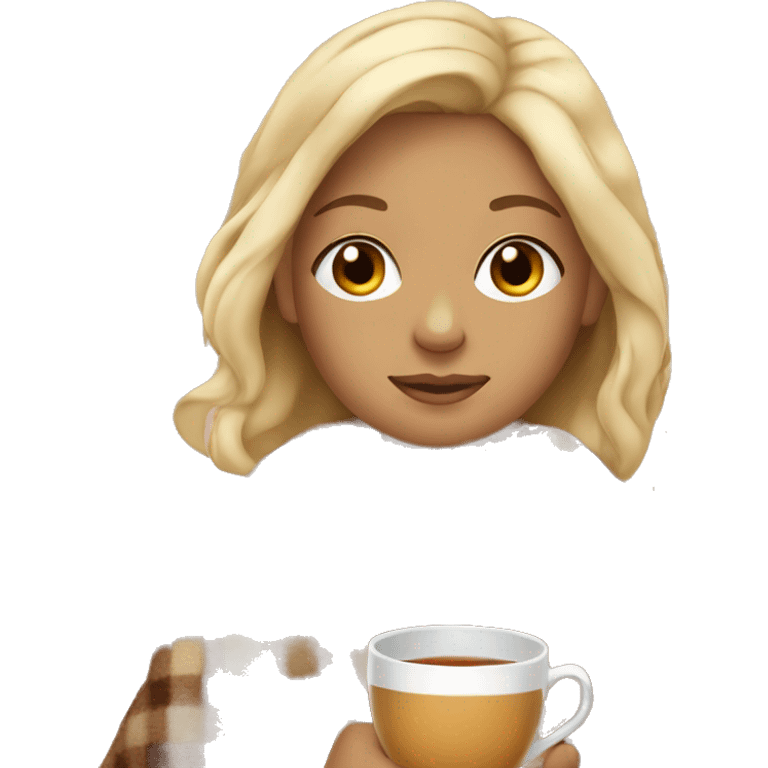 Blonde girl with tan skin wearing a blanket with a cup of tea emoji