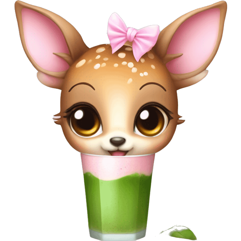 baby deer with fairy wings and a pink bow around its neck drinking iced matcha latte  emoji