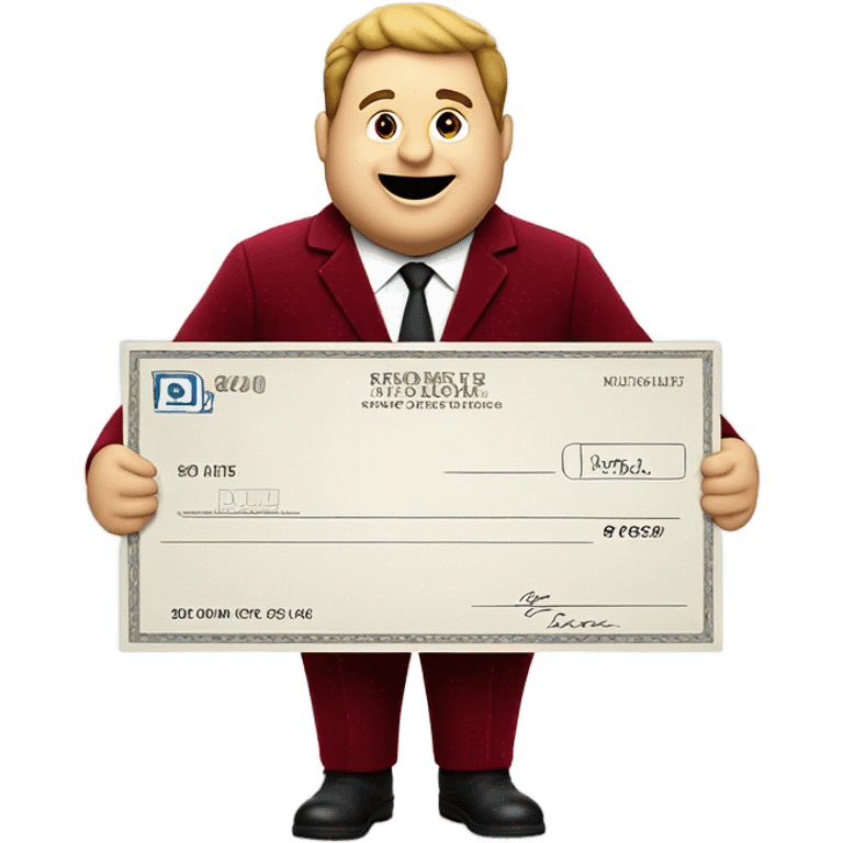 fat guy in dark red velvet suit holding cheque emoji