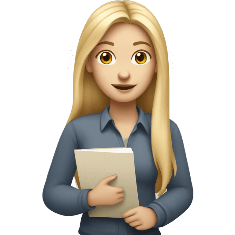 A detailed emoji-style illustration of a white girl with long blonde hair holding a notepad in her hand. The girl should have a friendly expression, and the design should be in the style of common emoji characters, simple yet expressive. emoji