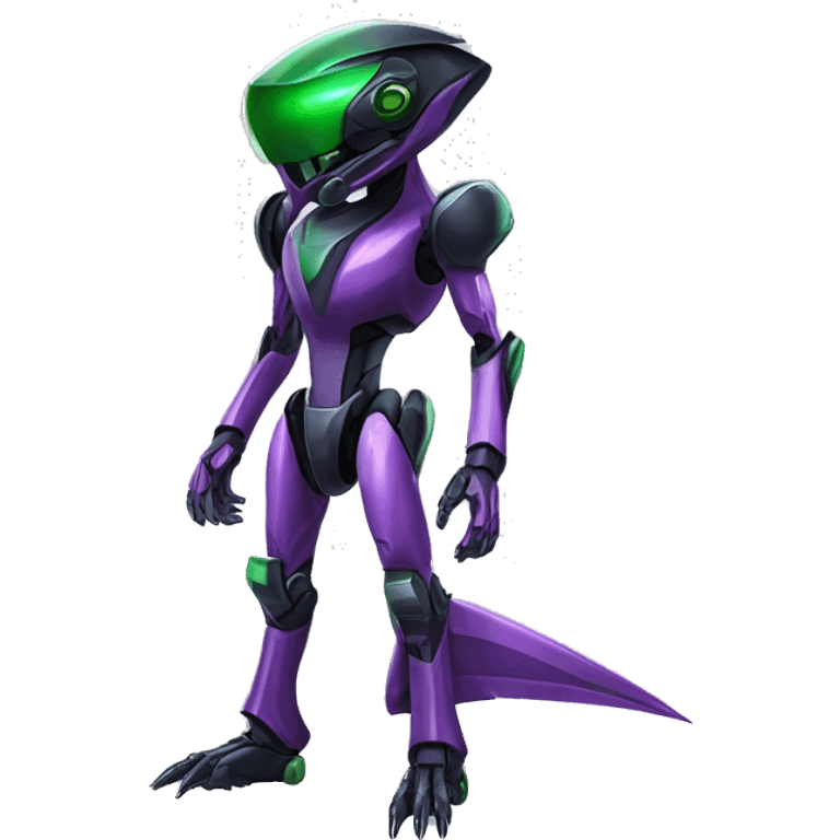 a shiny black-green-purple Genesect-Raptor-Fakémon-Medabot-hybrid with a futuristic visor-helmet full body emoji