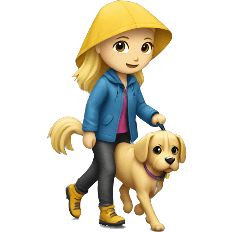 Blond girl walking a dog in the rain  emoji