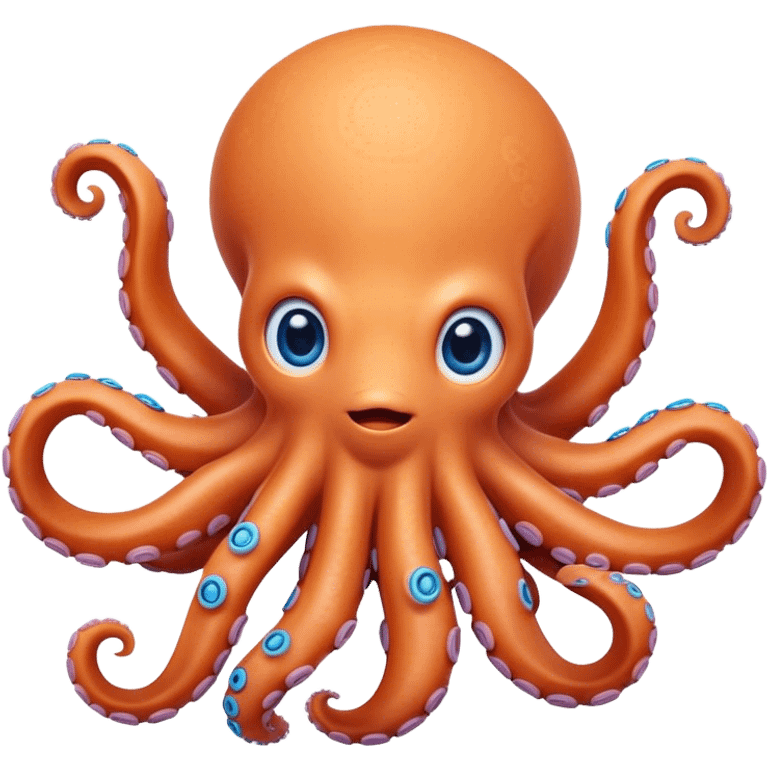 Cinematic Cute Octopus Portrait Emoji, Head tilted playfully and inquisitively, featuring a rounded, light orange body embellished with playful blue rings, eight adorably curling arms, and big, twinkling eyes full of wonder, Simplified yet irresistibly adorable features, highly detailed, glowing with a warm, inviting underwater glow, high shine, affectionate and lively, stylized with a touch of whimsical cartoon charm, soft glowing outline, capturing the essence of a mischievous yet loving octopus that seems as if it could bob out of the screen into your arms! emoji