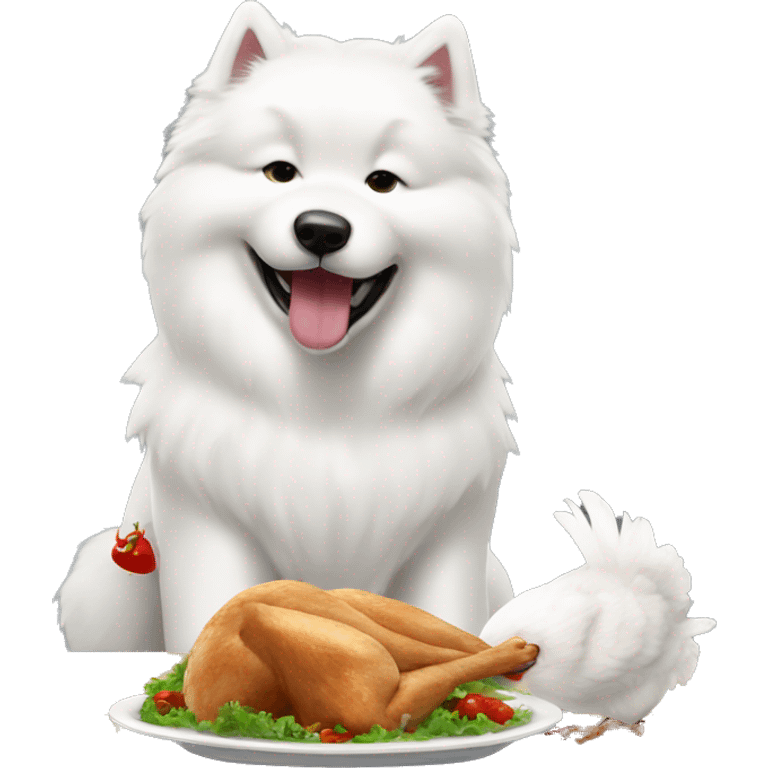 Samoyed eating a chicken emoji