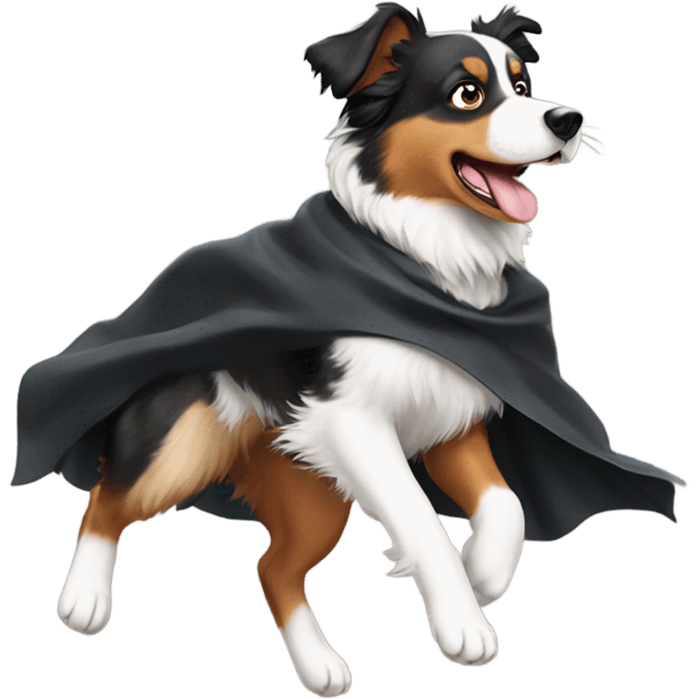 Australian Shepard black tan and white with a super dog cape jumping in the air  emoji