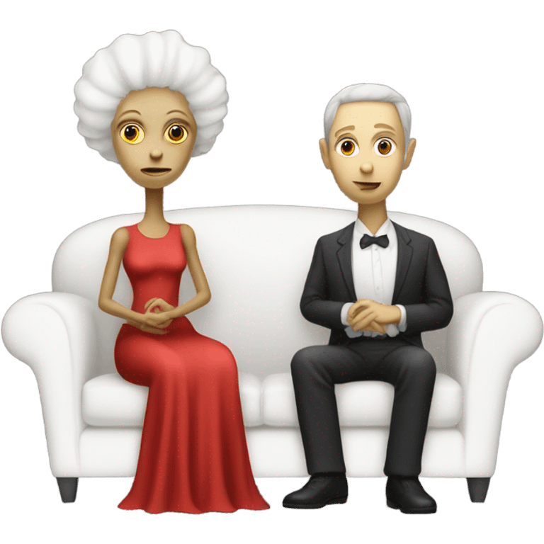 alien reptilian woman in red dress, normal human male in white dress, sitting on a couch  emoji