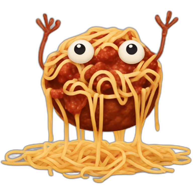 Spaghetti and meatballs, with a face arms and legs emoji