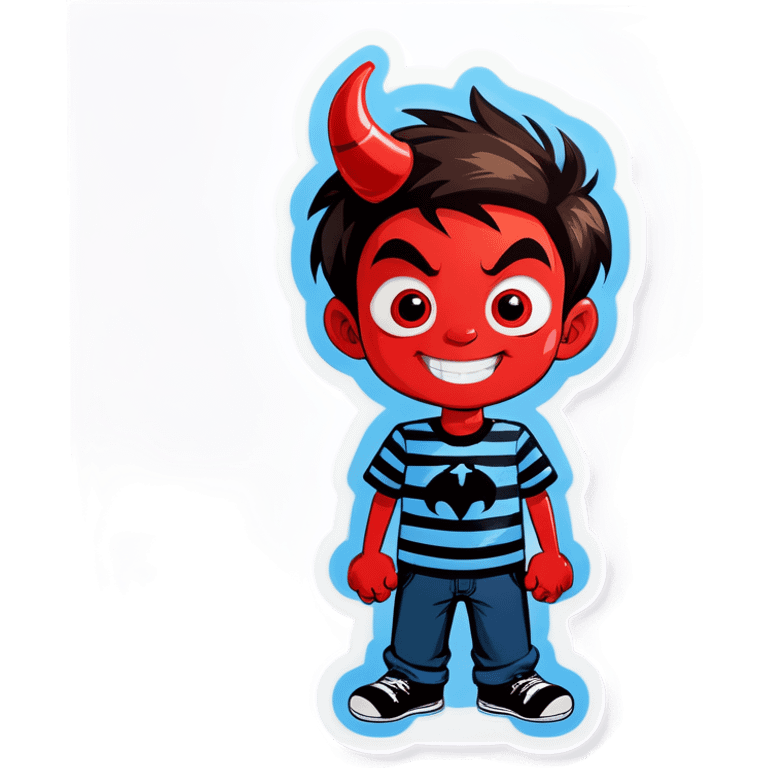 smiling boy in striped shirt with red face and devil horns emoji