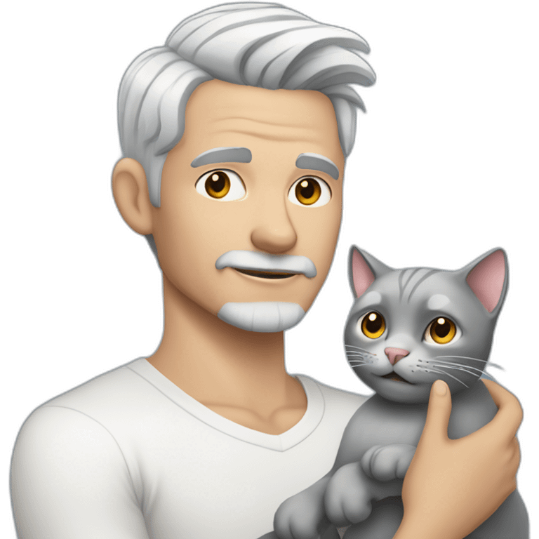 tattooed gray hair man without beard with a white cat in his hand emoji