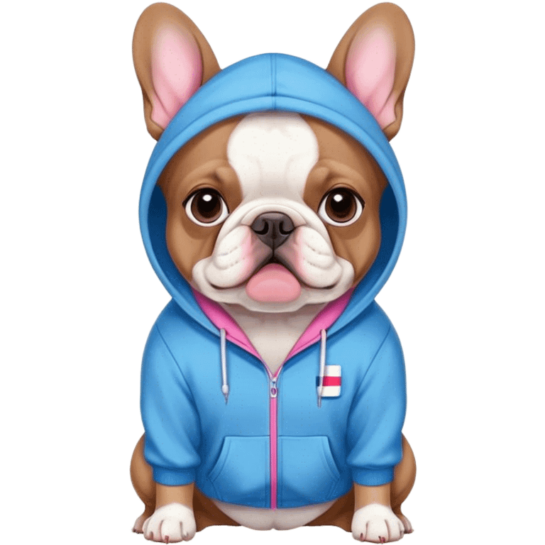 French bull dog wearing blue and pink hoodie emoji