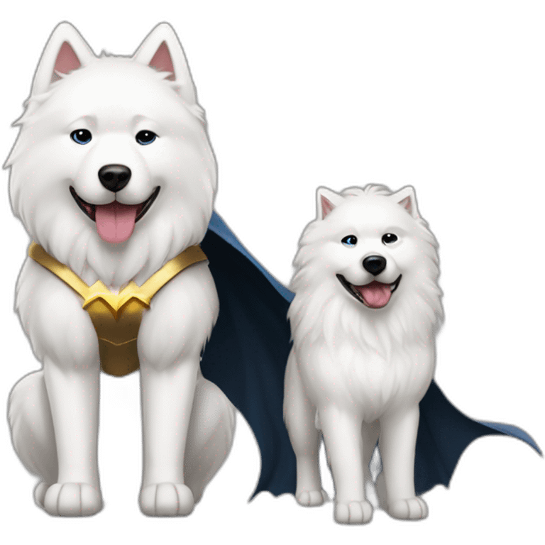 Samoyed with Batman and Wonder Woman emoji