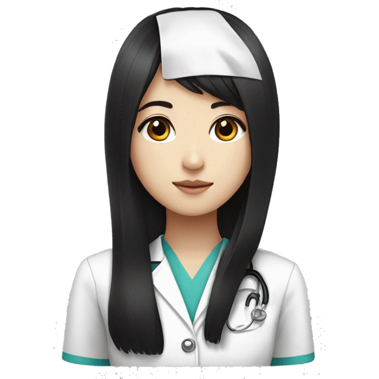 korean girl, full-bang, long straight black hair, doctor uniform, black eyes, mute lip emoji