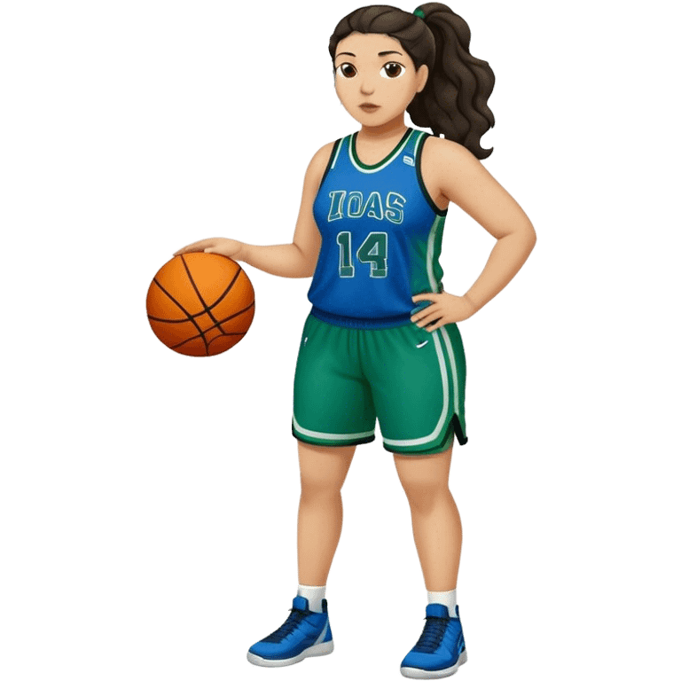 full body plus size light skin latino women basketball player with wavy dark hair in pony tail wide nose wearing blue green  uniform emoji