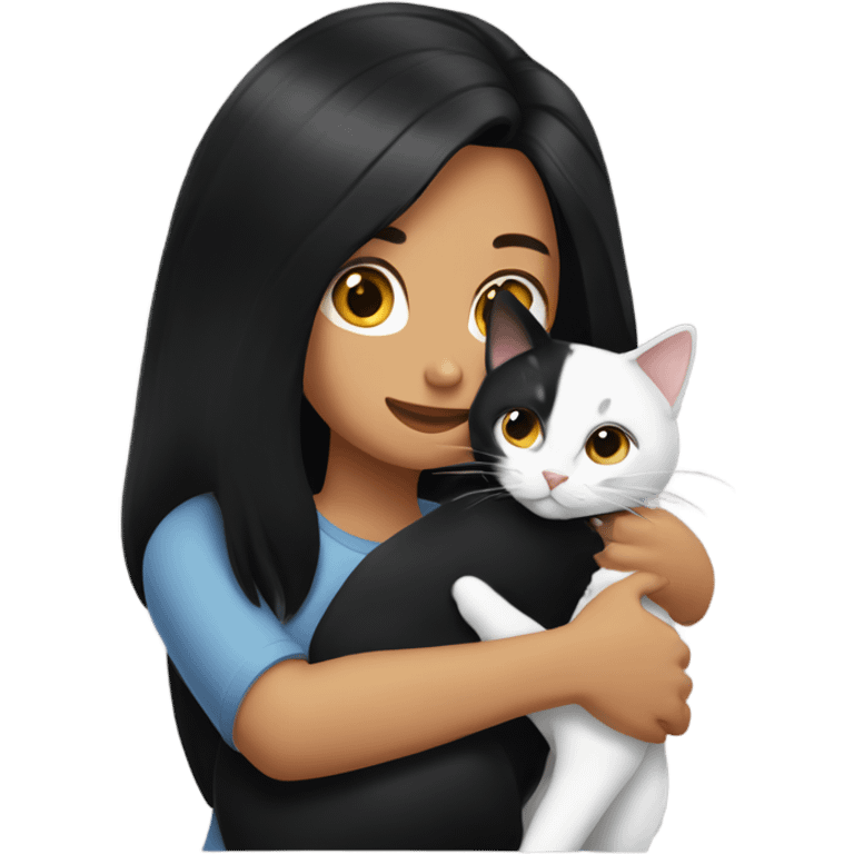 Tanned woman with black hair hugging a black and white cat  emoji