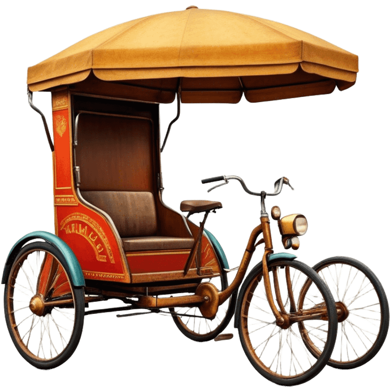 ​Cinematic Realistic Tricycle Rickshaw, depicted as a vintage manually operated vehicle featuring two front wheels and a single rear wheel, rendered with detailed rustic textures, vibrant colors, and dynamic urban lighting that captures its unique design and cultural charm, emoji