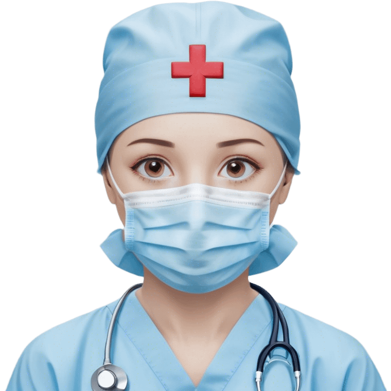 "A minimalistic bust of a surgeon wearing a light blue surgical cap and mask, covering the lower half of the face. The eyes are simple yet expressive, conveying focus and professionalism. The figure is dressed in a smooth, clean surgical gown with a small red cross emblem on the chest. A thin, simplified stethoscope drapes around the neck. The background features a subtle, abstract medical symbol like a heartbeat line or a small scalpel icon. The design is sleek and modern, with smooth lines and soft shading, following a minimalist emoji style emoji