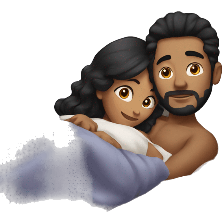 Woman and man with black hair cuddling in bed emoji