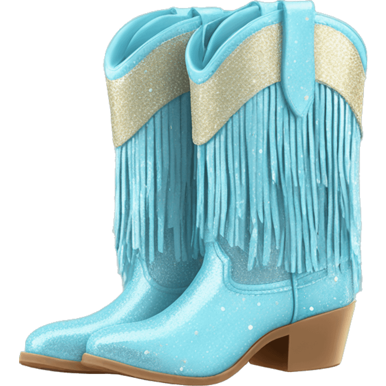 Realistic pastel blue fashion cowgirl boots with sparkly shiny glitter fringe on them. emoji