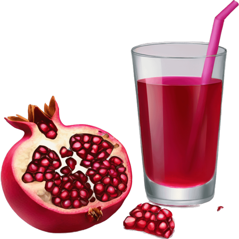 a glass of pomegranate juice with a slice of pomegranate beside it, a straw in it emoji