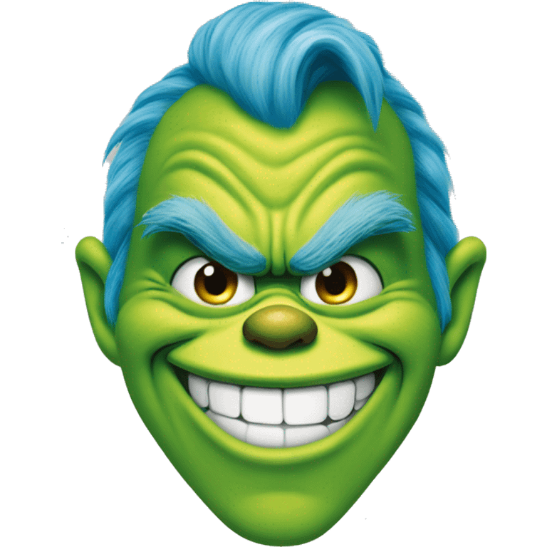 The Grinch smirking mouth closed and blue hair emoji