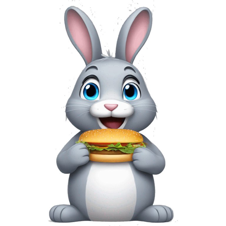 A grey bunny with blue eyes who is eating a Hamburger and fries  emoji