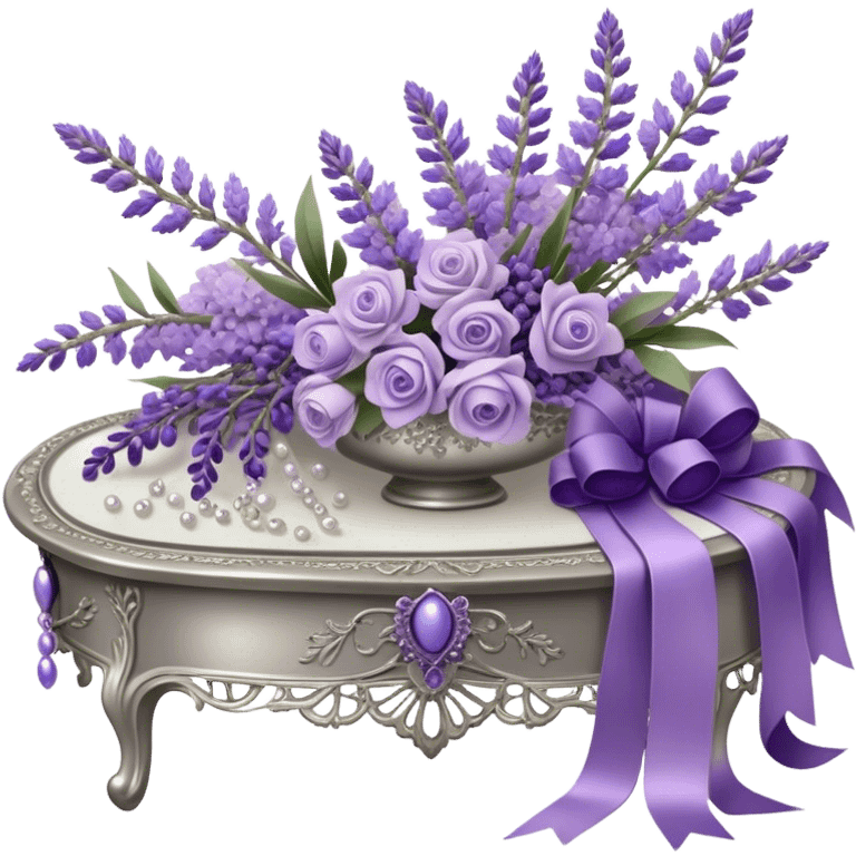 A cascading bouquet of lavender, blending soft lilac, dusky violet, and deep amethyst hues, is wrapped in delicate pearl-colored lace, tied with a silky wisteria ribbon. The stems, slightly uneven and wild, spill gently over the edge of an antique silver tray, where a few loose buds rest, their fragrance mingling with the faint scent of aged paper and timeworn fabric.
 emoji