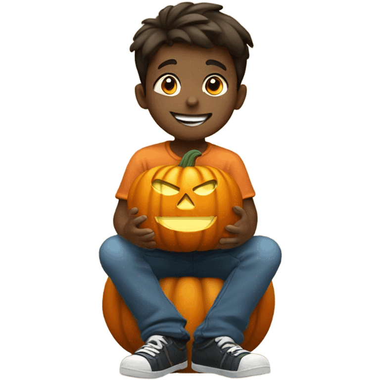 boy sitting with pumpkin smile emoji