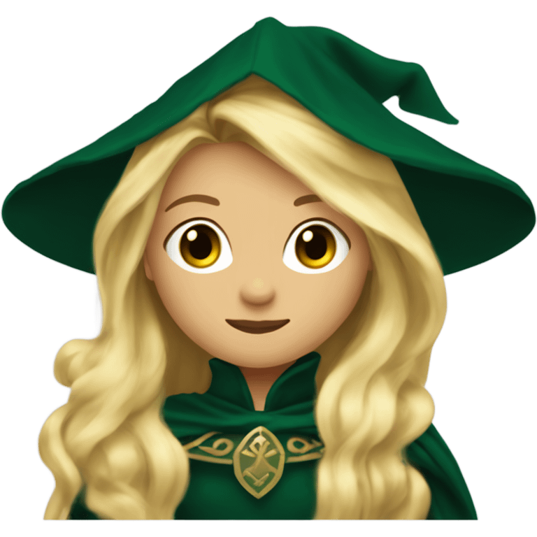 aelin galathynius with long blonde hair, and a dark green cloak and a dress, with a small crown on top of her hair emoji