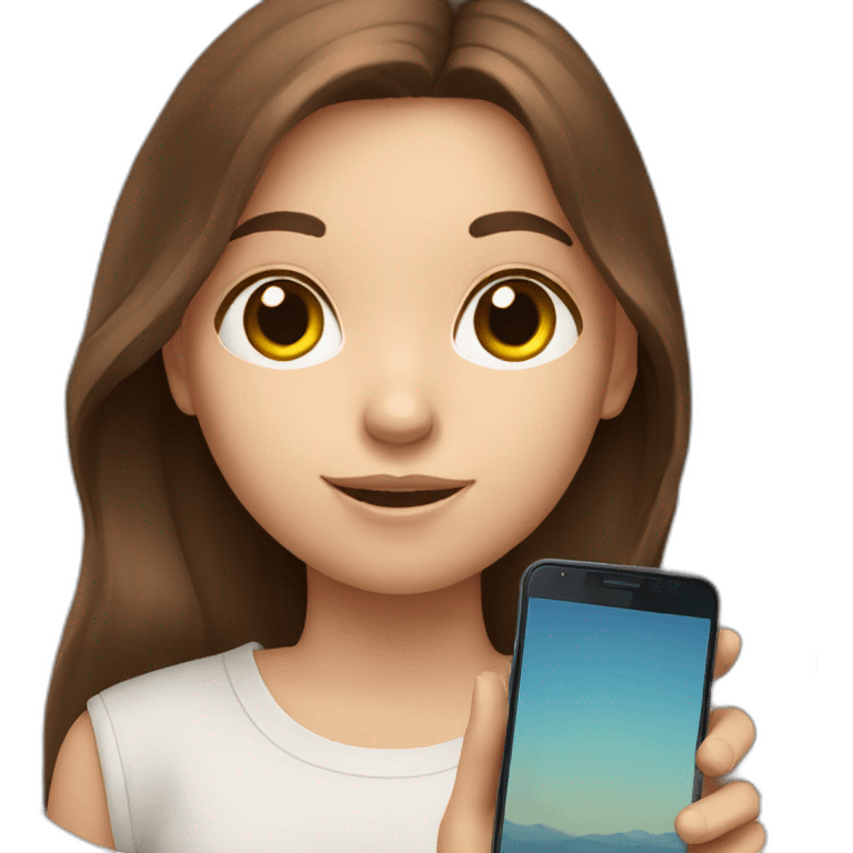 White cute girl with long brown hair holding phone emoji