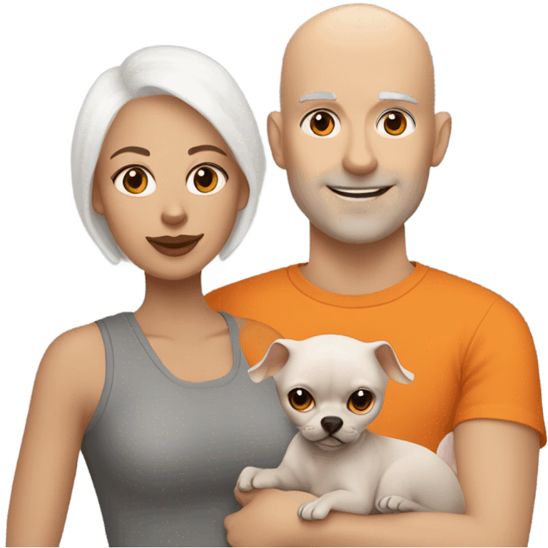 White bald man is holding a grey small sphinx cat and woman with dark straight hair is holding orange Pomeranian dog emoji