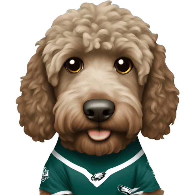 brown Labradoodle wearing a Philadelphia eagles shirt emoji