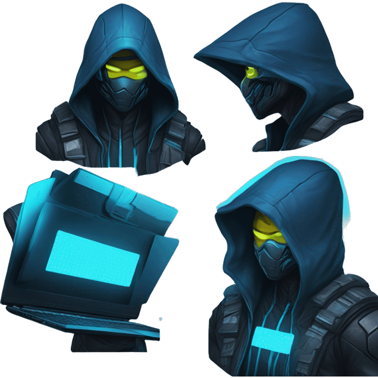 developer behind his laptop with this style : crysis Cyberpunk Riot Games Valorant neon glowing bright blue character blue black hooded assassin themed character emoji