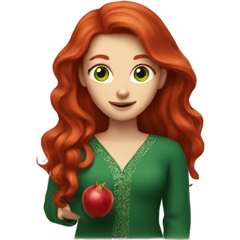 Redhead with green eyes, long red hair, holding a pomegranate. emoji