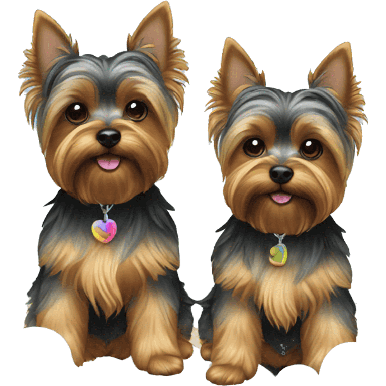 Two Yorkies on a cloud with rainbow emoji