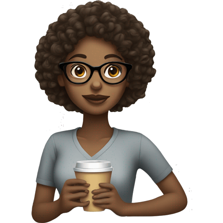 black girl with curly hair and glasses drinking coffee emoji