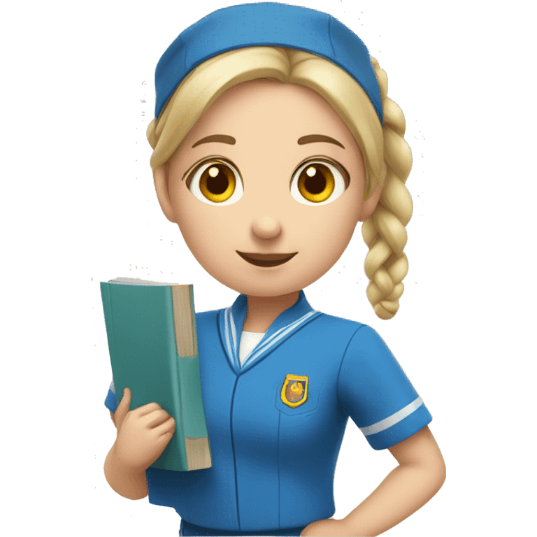 girl in a blue uniform with two pigtails and a book emoji