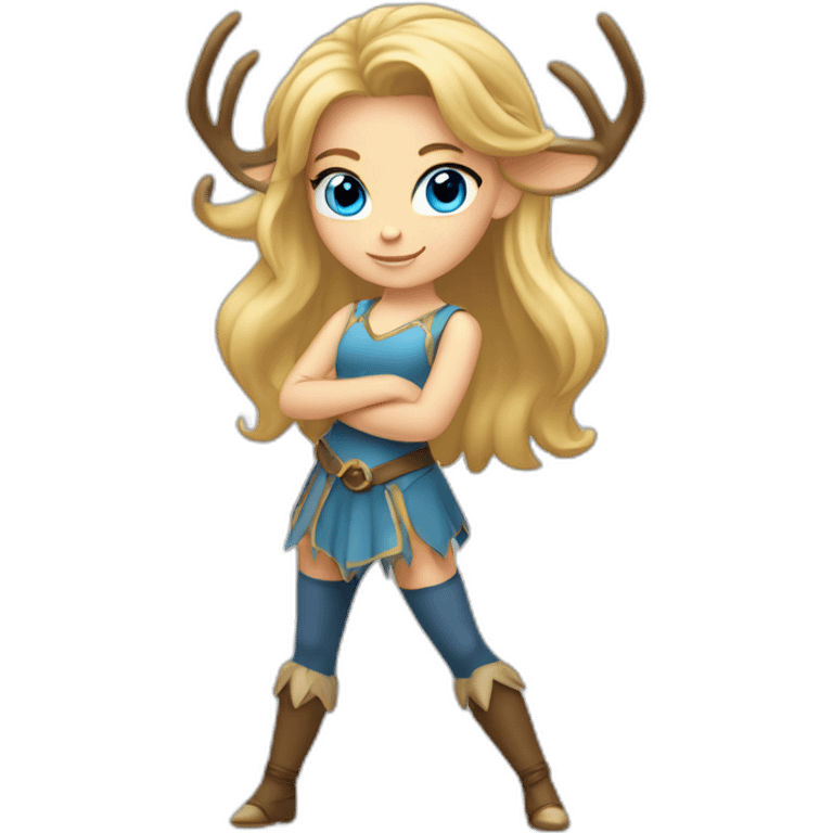 blonde girl dancer with blue eyes, take one big horn of deer in her right hand. Show full body of girl. emoji