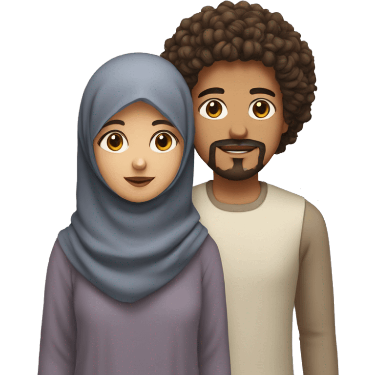 brown teen with curly hair and goatee and moustache standing and black eyes next to a girl wearing a hijab emoji