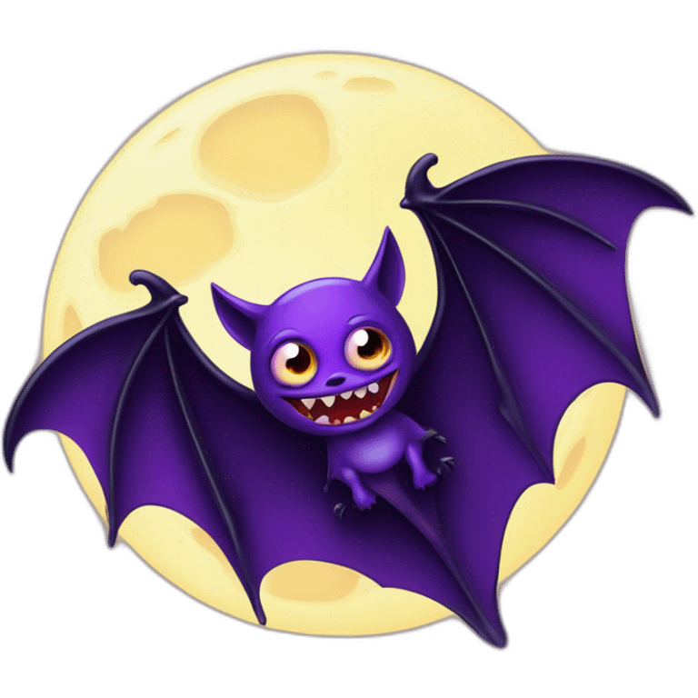 purple and black evil face vampire bat cartoon sparkle eyes wings flying in front of large dripping crescent moon emoji