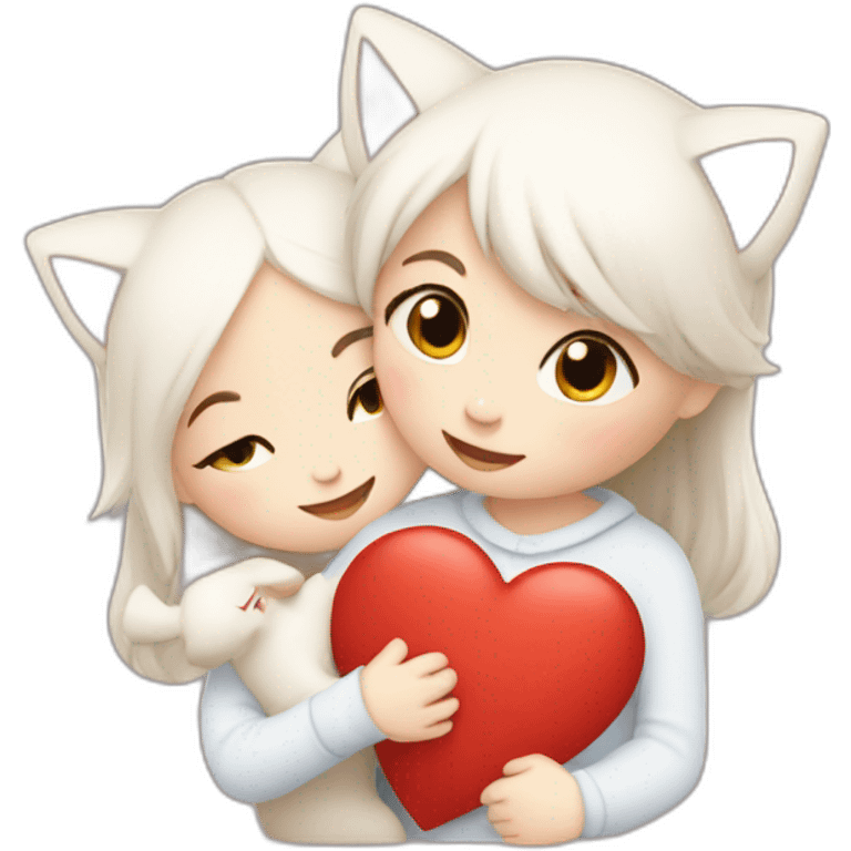 Girl and boy hugs two white cats hearts around emoji