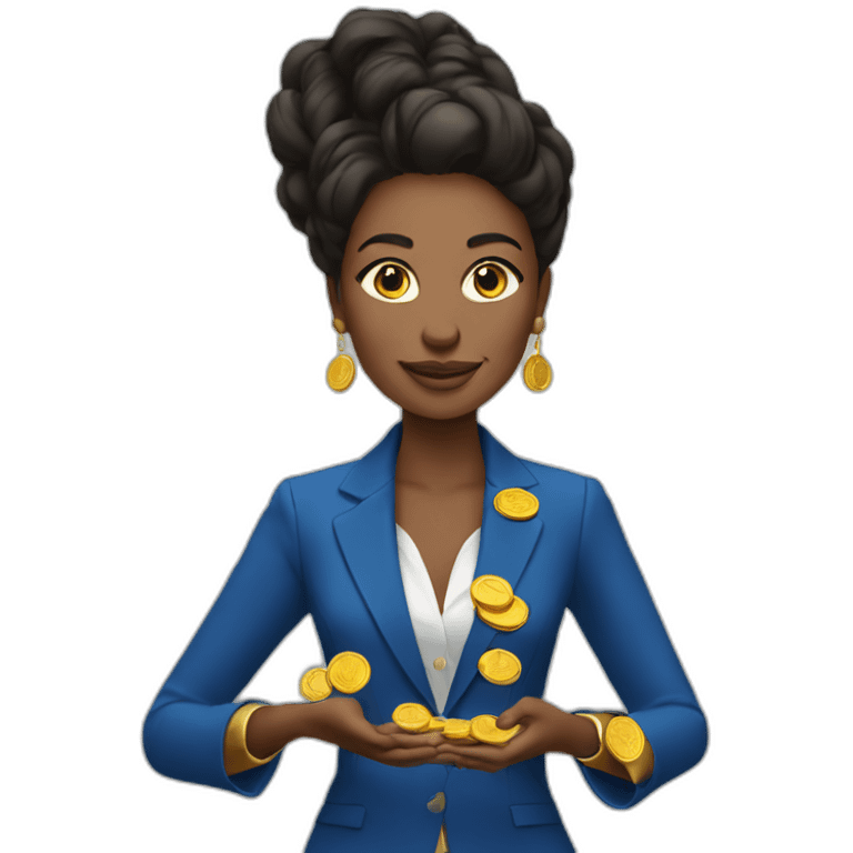 Posh-woman-with-blue-suit-holding-golden-coins emoji